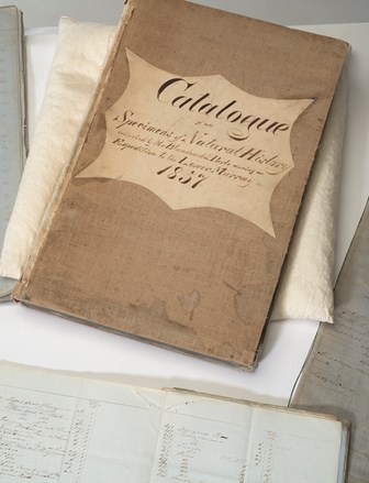 An old bound book ("Catalogue") lies on a pillow, closed. Another book is partially visible, and open, below it.