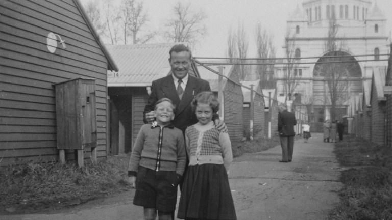 George, June & Brian Foster at the Migrant Reception Centre, Royal Exhibition Building, June 1955.