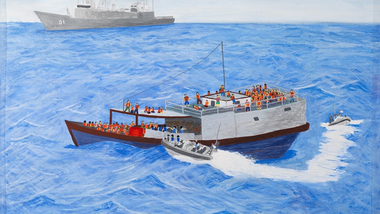 The painting portrays a scene from 2001 when crew from the Australian naval vessel HMAS Adelaide boarded the Olong