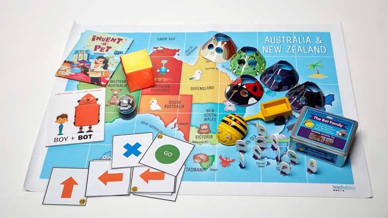 Coding and robotics learning kit: Sphero, Bee-bot, map and characters, direction arrows, books, colour cube.