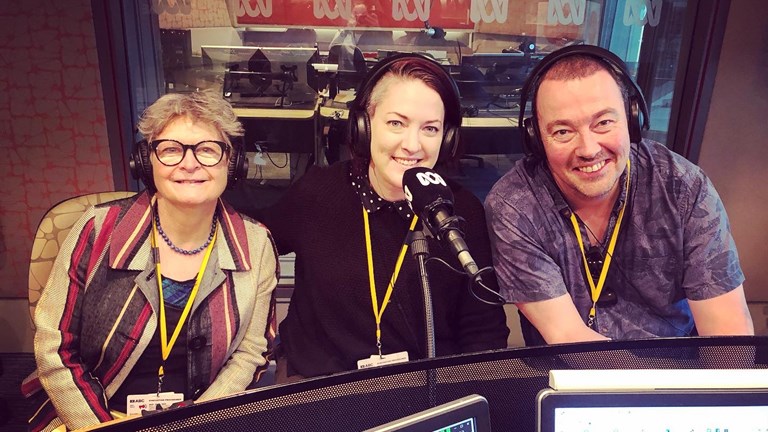 Professor Deirdre Coleman, Nik McGrath and Simon Hinkley in the ABC Radio Melbourne Studio, 19 November 2019.