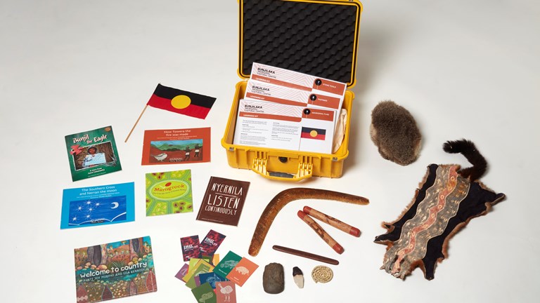 First Peoples outreach kit, box with objects arranged around it, material linked to curriculum, years F to 4