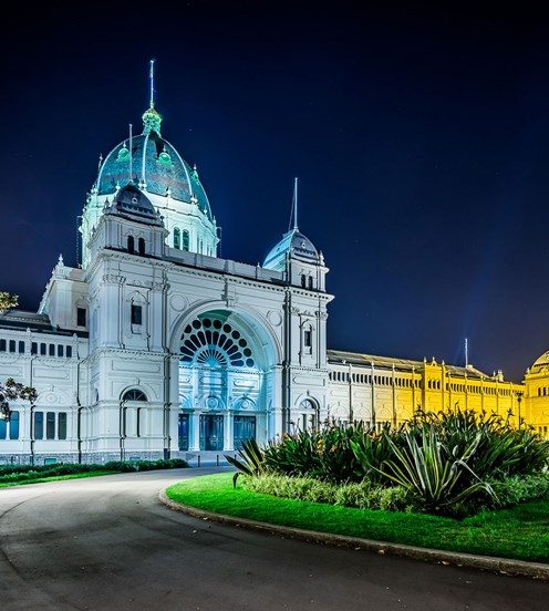 Building with coloured light projection on the external walls