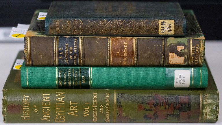 four brightly coloured books stacked on top of each others