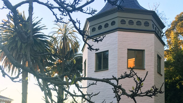 The tower which formed the centre of an octagonal glasshouse in The System Garden.