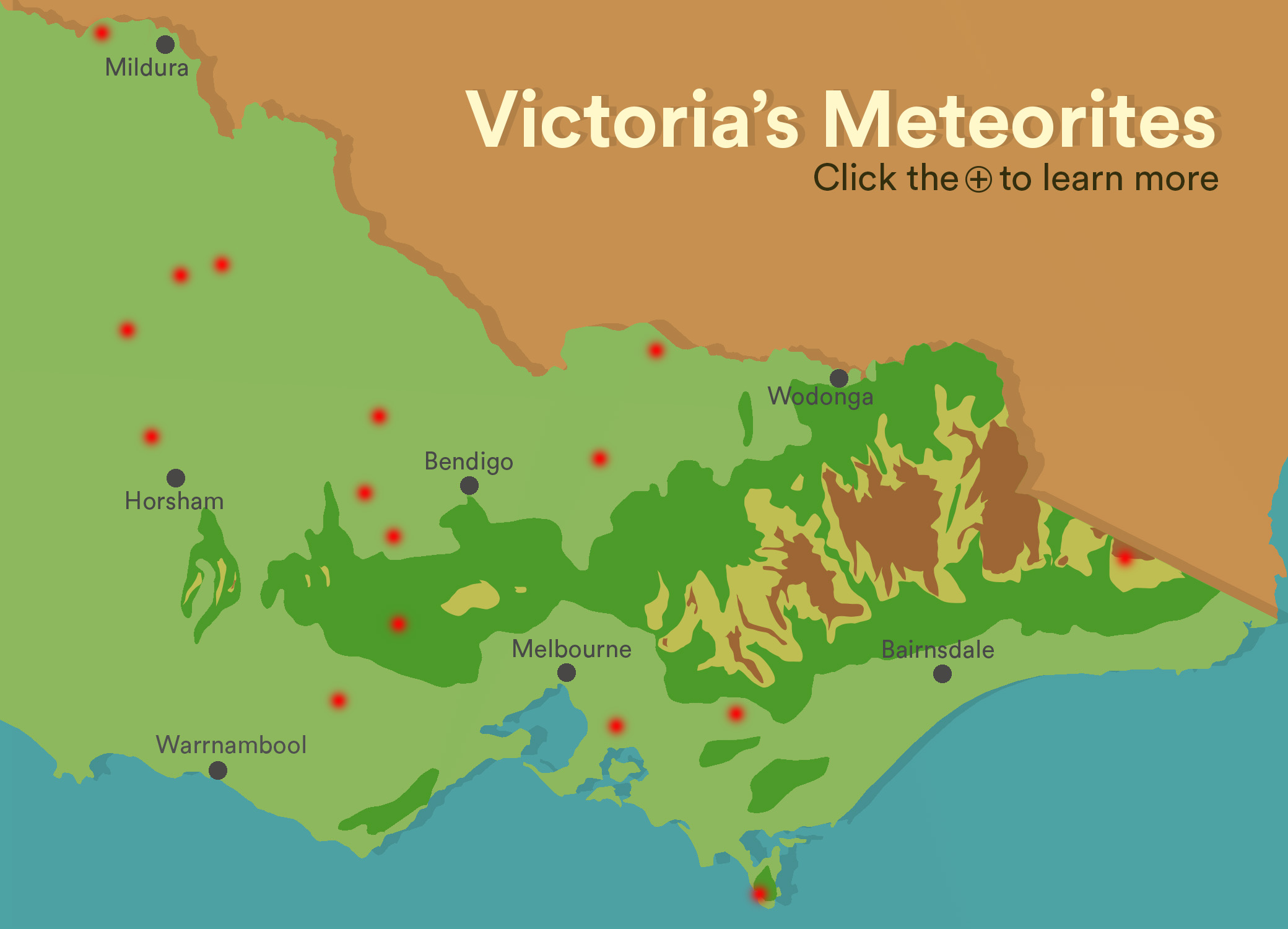 A map of the locations of meteorite falls in the Australian state of Victoria