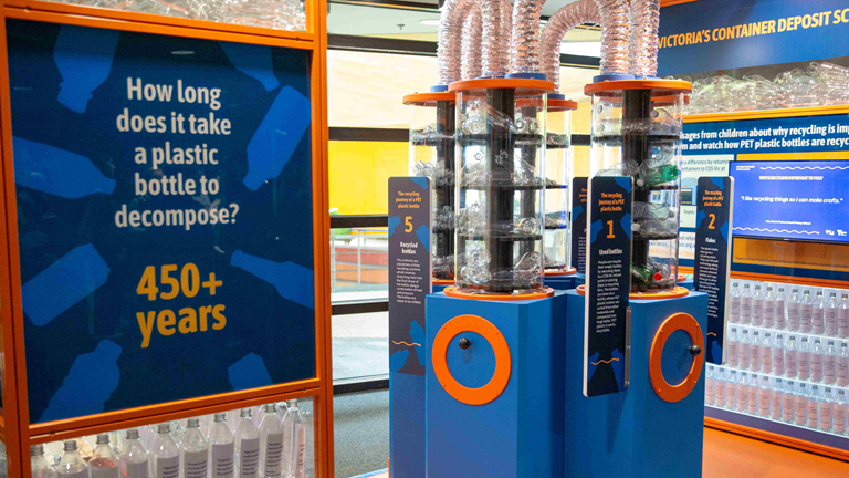 The message in a bottle display at scienceworks featuring a sign saying 'how long does it take a plastic bottle to decompose? 450+ years.