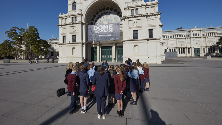 Students gathering outside the Royal Exhibition Buildng.