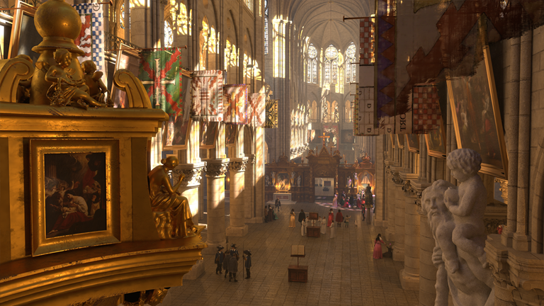 A graphic from the augmented experience showing the inside of the Notre Dame cathedral in 1645.